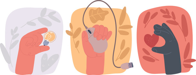 Cartoon illustration of Brainstorming concept. Metaphor of diverse people proposing or sharing innovative ideas solutions and agreements. Hand hold bulb, mouse, heart.