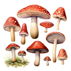 Hand painted watercolor clipart of red mushroom set
