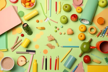 Generative AI illustration of School supplies, pencils, pens, paints, notebooks in brightly colored backgrounds