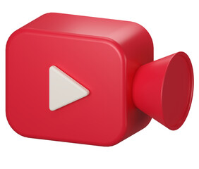 Red Video camera icon isolate on background. 3d Realistic movie icon, play button for the interface of applications and web pages. Video, streaming, multimedia concept. 3D png illustration.