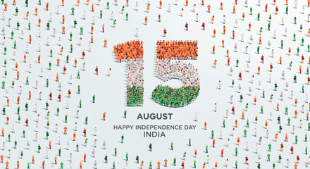 Happy Independence Day India. A large group of people form to create the number 15 as India celebrates its Independence Day on the 15th of August. Vector illustration.