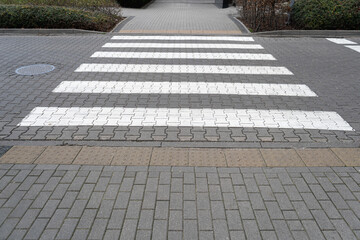 Paved Pedestrian Crossing, Grey White Crosswalk, Safety Zebra on Modern Tiles Pathway