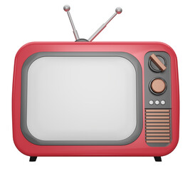3D render red Vintage Television Cartoon style isolate on  background. Minimal Retro TV. Red analog TV.  Old TV set with antenna.