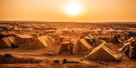 Refugee crisis, A vast refugee camp with makeshift tents, A barren desert landscape, A feeling of desperation and displacement