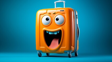 Excited yellow baggage running in an empty space, isolated on a complementary colors background, brings the joy of travel, generative ai