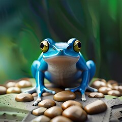 blue frog sitting  on a pebble, ai generated