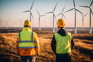Renewable Energy Revolution - A power plant or wind farm with workers installing new equipment to generate renewable energy sources for the future - obrazy, fototapety, plakaty