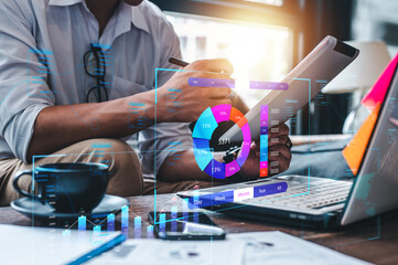 Concept digital transformation technology strategy, Analyst working with Business, Analytics and Data Management System on computer, make a report with KPI and metrics connected to database. Corporate