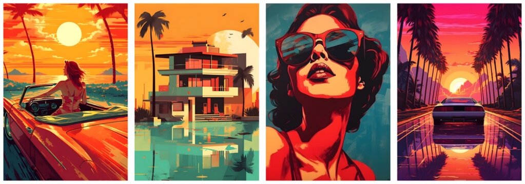 Poster template set for your text. Summer, Sunset, Woman, Travel. City with palm trees and cars, Beautiful villa building on the ocean. Generative Ai.