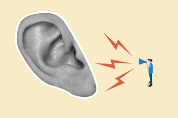 Megaphone shout out ear . Gossips. Concept of creativity, surrealism, bright design, information, ad