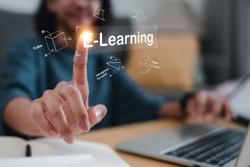 Concept education and technology for learning, Internet for eleaning, internet technology education webinar course. Asian woman teenage using laptop choosing online mathematics course website.