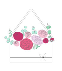 Romantic vector postcard with pink roses and eucalyptus branches - 619172648