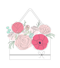 Vector floral postcard with pink roses, anemone and carnations
