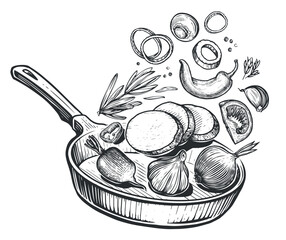 Vegetables falling into frying pan. Healthy eating, vegetarian food. Sketch vector illustration