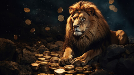 Lion several gold coins Generative AI	
