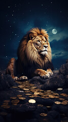 Lion several gold coins on moon light Generative AI	
