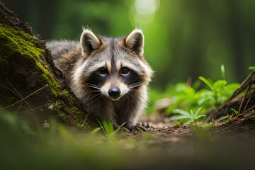 Naklejka na ściany i meble raccoon in the forest with green field