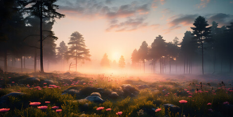 Misty sunrise paints a fairy tale scene with trees and plants, creating a captivating and enchanting atmosphere. AI Generated