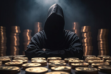 criminals wear black masks with several gold coins Generative AI