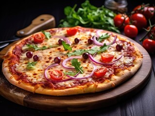 Salami Pizza on dark background (generative AI)
