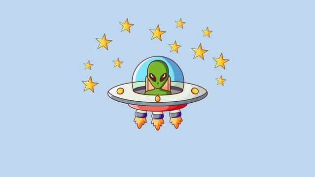 animation of aliens boarding a plane with clouds and stars, green background