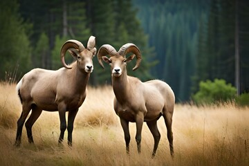Obraz na płótnie Canvas couple of bighorn sheep in forest.