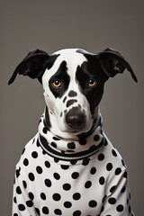 Purebred dalmatian dog wearing black and white polka dot sweater posing for a portrait photo. Generative ai.