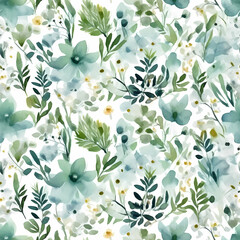 Fototapeta na wymiar Seamless pattern with green leaves and flowers, vector illustration in vintage watercolor style. Botanic Floral Pattern.