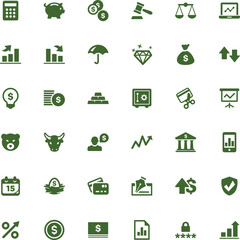 a collection of icons specifically designed to represent financial concepts. The set consists of various icons depicting finance-related elements, such as cash, credit cards, calculators, charts, wall