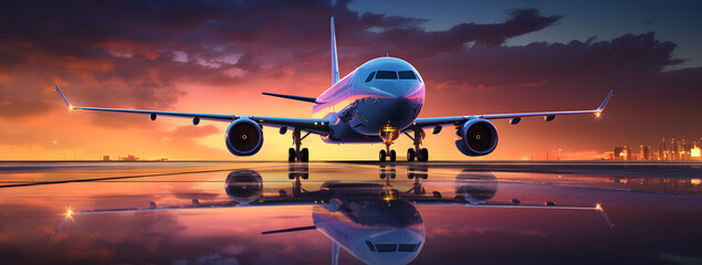 The sun sets on a plane as it lands on a colorful horizon, essence of travel and vacation. It represents the adventure that takes us to new destinations. AI Generated