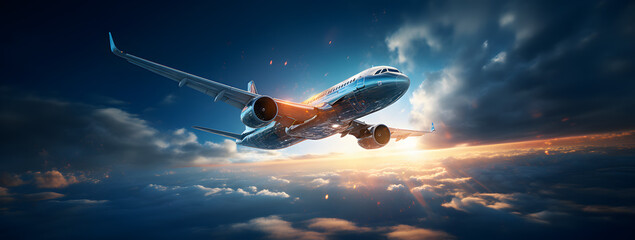 The sun sets on a plane as it soars through the colorful sky, essence of travel and vacation. It represents the adventure that takes us to new destinations. AI Generated - obrazy, fototapety, plakaty