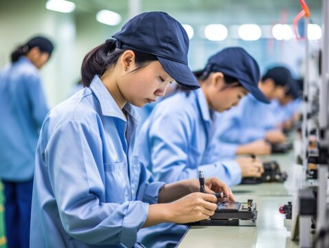 photo of asian workers working at technology production factory with industrial machines and cables building electronic smartphones. Generative AI	