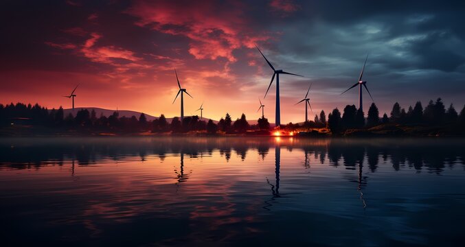 ..Wind turbine farm power generator in beautiful nature landscape for production of renewable green energy is friendly industry to environment. Concept of sustainable development technology.