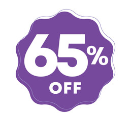 65% off. Special offer, campaign tag. Sticker for retail, store. Vector illustration promo, discount price, icon