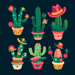 Vector flat design cactus with hat sticker pack ai generated