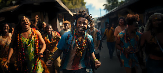 Young man with dreadlocks dancing reggaeton in the street. Man is on focus and foreground. Latin Party.