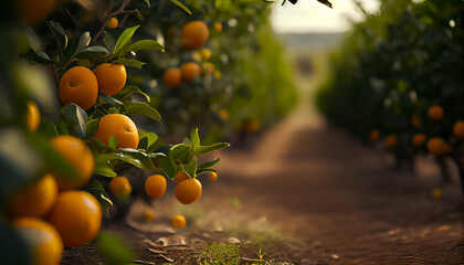 Orange in orchard plantation close-up Ai generated image - obrazy, fototapety, plakaty