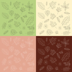 Fototapeta na wymiar A set of different kinds of leaves pattern on brown, pale yellow, beige and green background in line style for wallpapers, webs, packaging, backgrounds