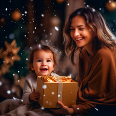 Fototapeta na wymiar A mother gives her daughter a gift at Christmas. AI Generative.