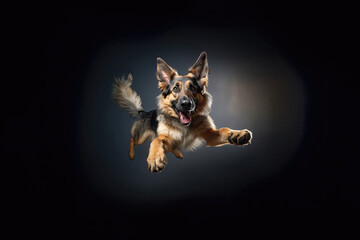 Fototapeta na wymiar Happy German Shepherd Dog In Jumping, In Flight On Silver Background. Generative AI