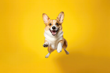 Happy Corgi Dog In Jumping, In Flight On Yellow Background. Generative AI