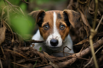 Dirty Frightened Jack Russell Terrier Dog Sits In The Woods Under Bush. Dog Lost In The Park In The Woods. Generative AI