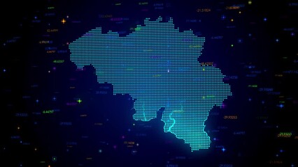 Futuristic Motion View Blue Colorful Shiny Digital Technology Hud Dots Mosaic Grid Belgium Map Light Scanning With Numeric Tech Particles Background, Seamless Loop - Powered by Adobe