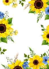 Greeting or invitation card with blue and yellow sunflowers, cornflowers, dandelion flowers, ears of wheat, and green leaves. Vector card design
