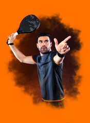Padel tennis player poster. Orange background with copy space. Man athlete with paddle tenis racket.