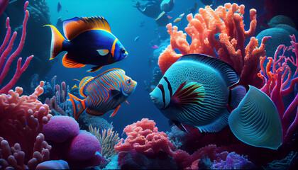 Naklejka premium Tropical sea underwater fishes on coral reef. Aquarium oceanarium wildlife colorful marine panorama landscape nature snorkel diving. Colorful underwater world background coral reef Ai generated image