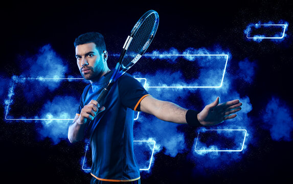 Tennis player banner. Neon lights on the background. Tennis template for ads with copy space. Mockup for betting advertisement. Sports betting on tenis