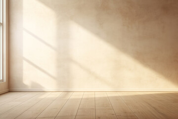 room with beige plaster wall and light wooden floors with light and shadow from the window