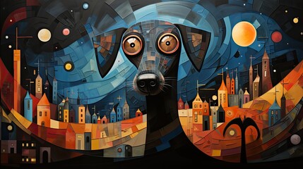 Abstract Dachshund in the city. Digital artwork painting. 