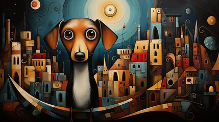 Abstract Dachshund in the city. Digital artwork painting. 